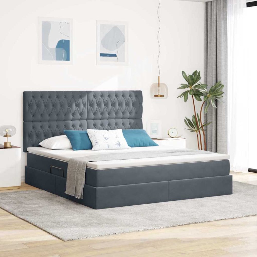 vidaXL LED förvaringssäng med madrass Mörkgrå 180 x 200 cm Sammet