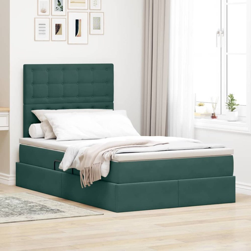vidaXL LED förvaringssäng med madrass Mörkgrön 120 x 200 cm Sammet