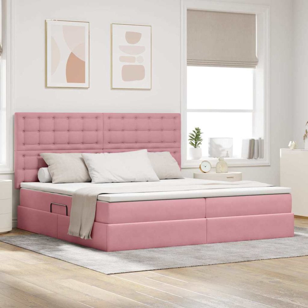 vidaXL LED förvaringssäng med madrass Rosa 200 x 200 cm Sammet