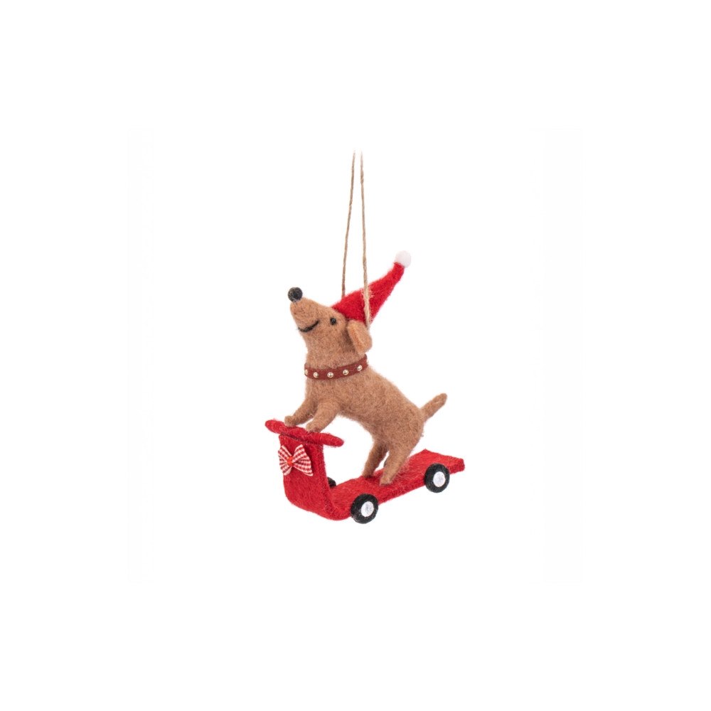 SASS & BELLE Santa Sausage Dog on a Scooter Felt Decoration