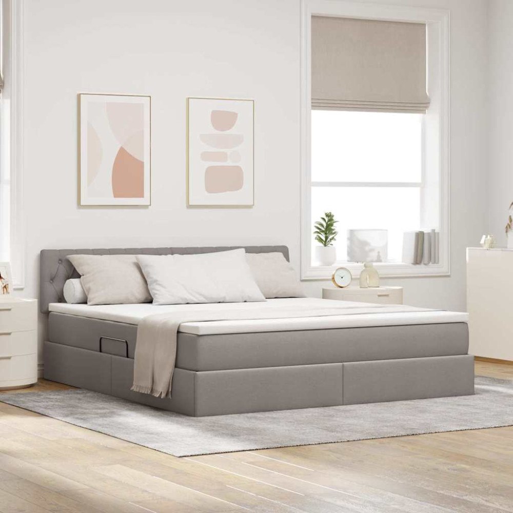 vidaXL LED förvaringssäng med madrass Taupe 160 x 200 cm Tyg