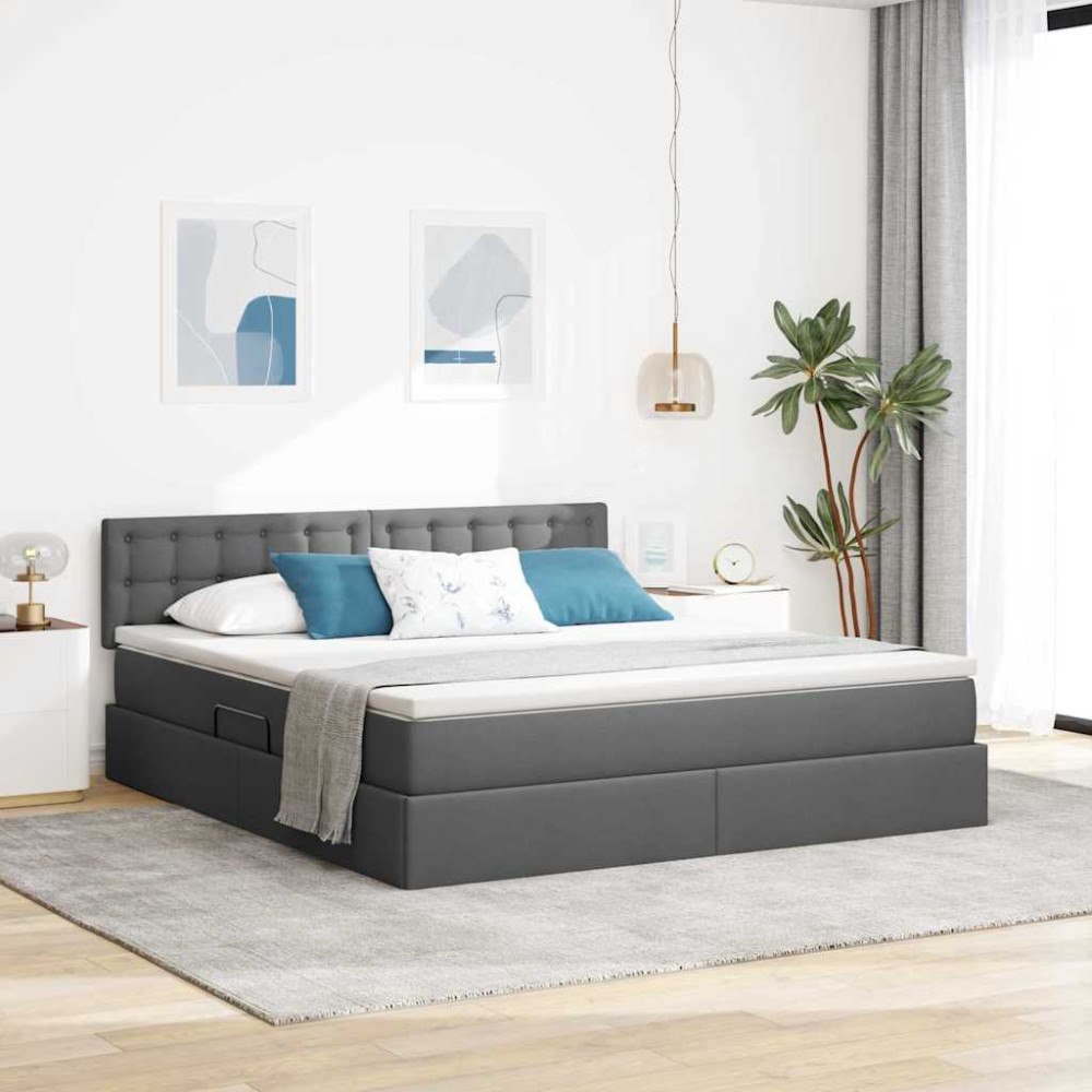 vidaXL LED förvaringssäng med madrass Mörkgrå 160 x 200 cm Tyg