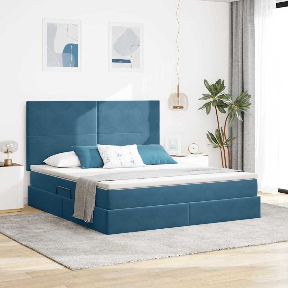 vidaXL LED förvaringssäng med madrass Mörkblå 160 x 200 cm Sammet