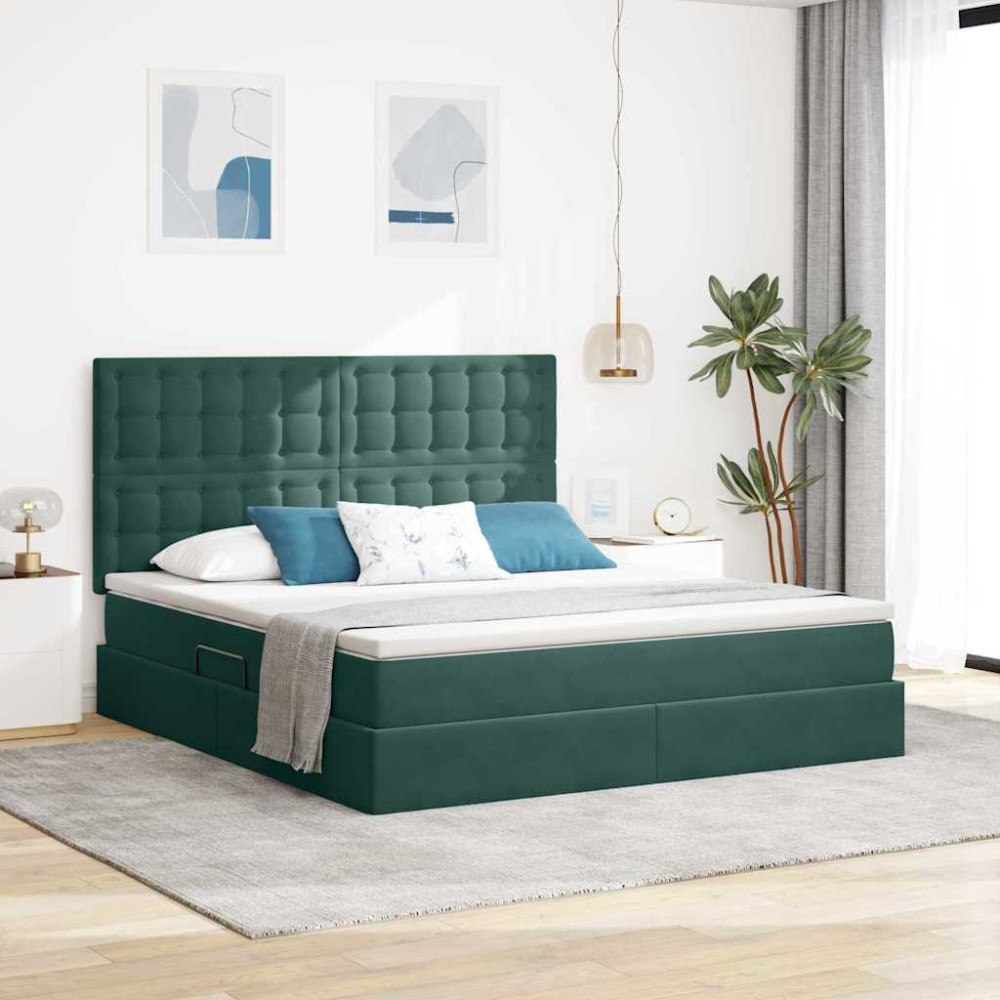 vidaXL LED förvaringssäng med madrass Mörkgrön 160 x 200 cm Sammet