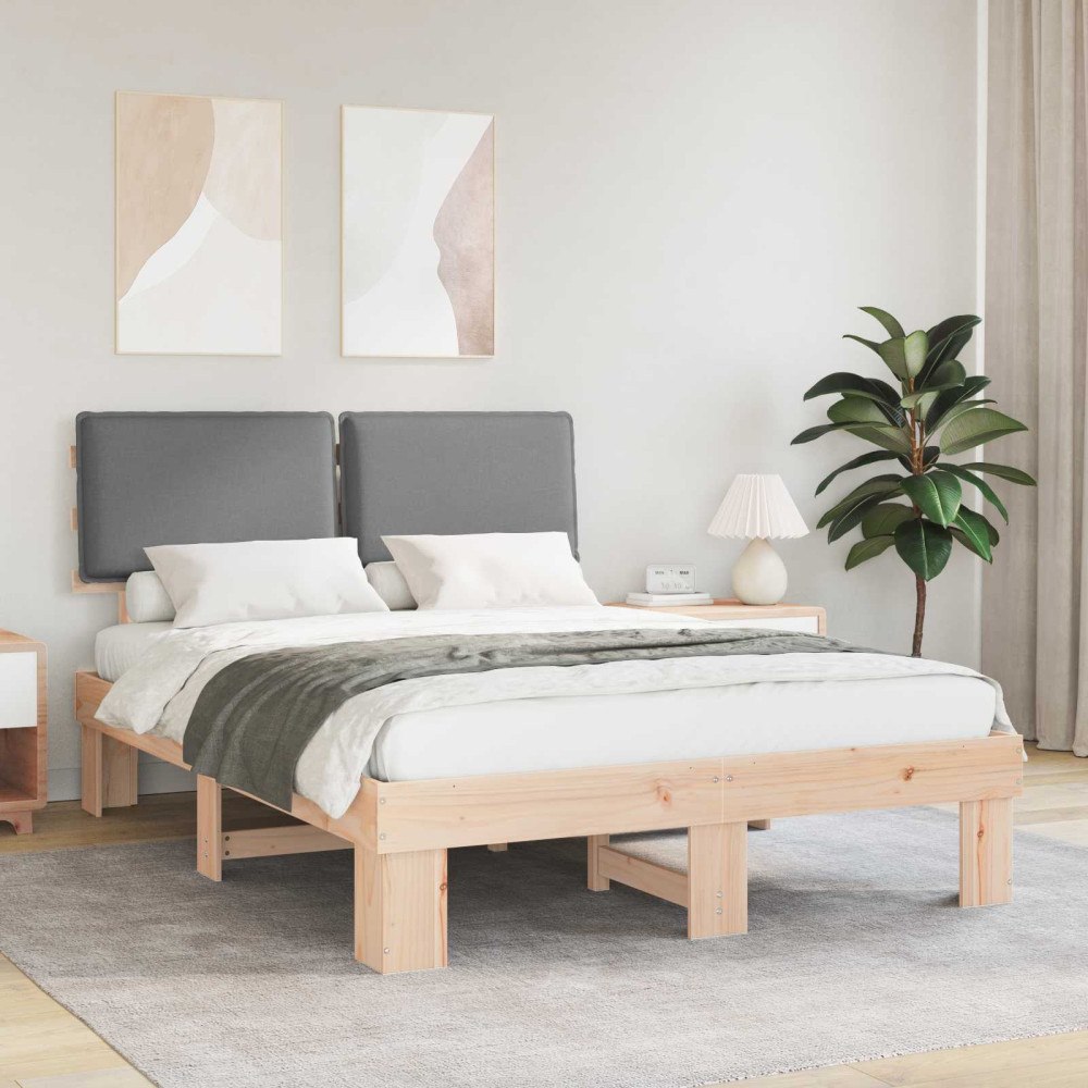 vidaXL Sängram med Klädd Huvudgavel Ljusgrå 150 x 200 cm Massiv furu