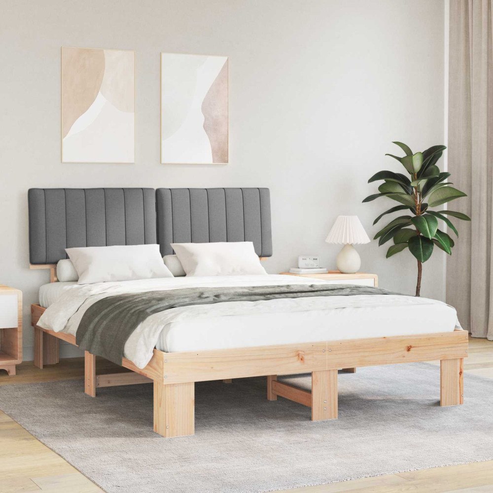 vidaXL Sängram med Klädd Huvudgavel Ljusgrå 150 x 200 cm Massiv furu