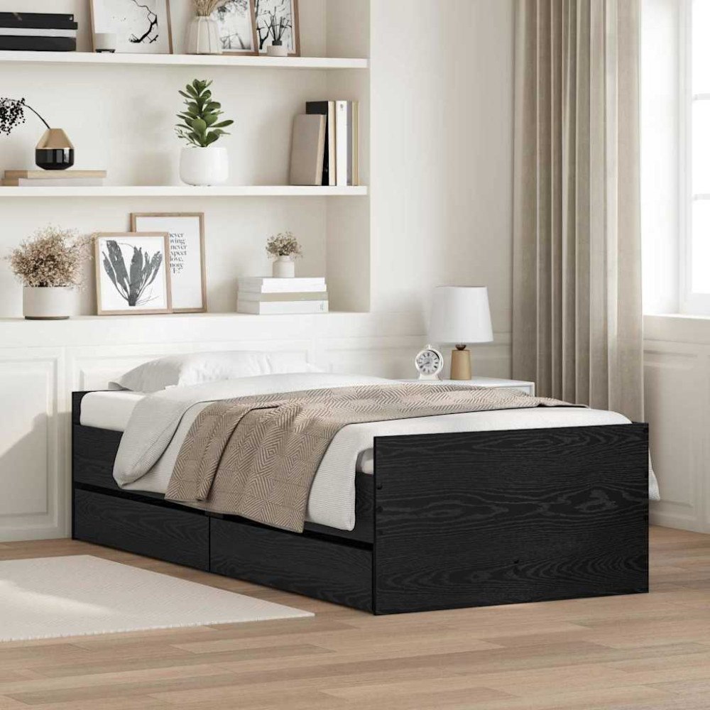 vidaXL Sängram med låda med lagring Svart Ek 100 x 200 cm Massiv furu