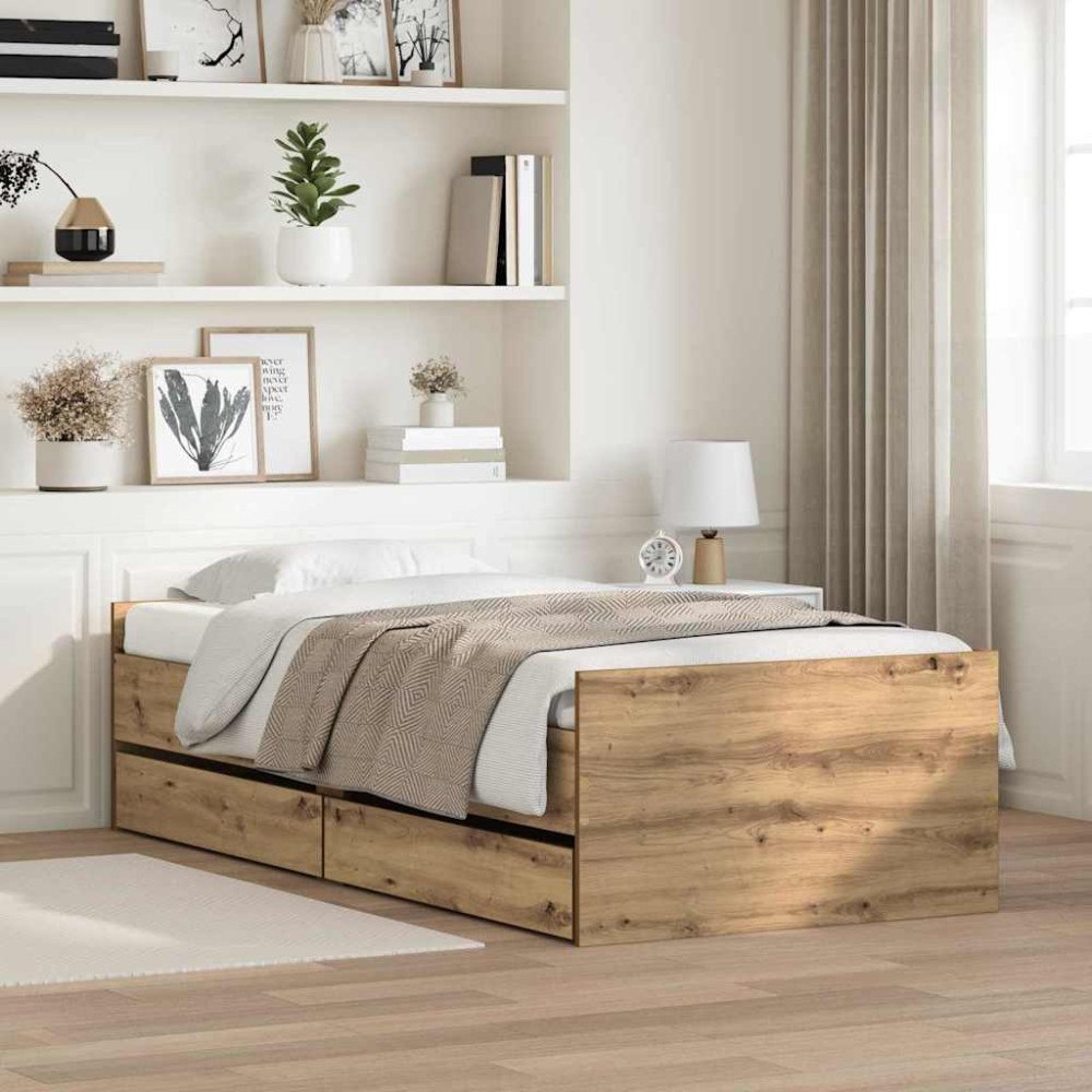 vidaXL Sängram med låda med lagring Artisan Ek 90 x 190 cm Massiv furu