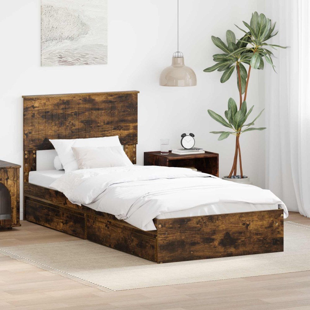 vidaXL Förvaringssäng med låda Rökt ek 90 x 200 cm Konstruerat trä