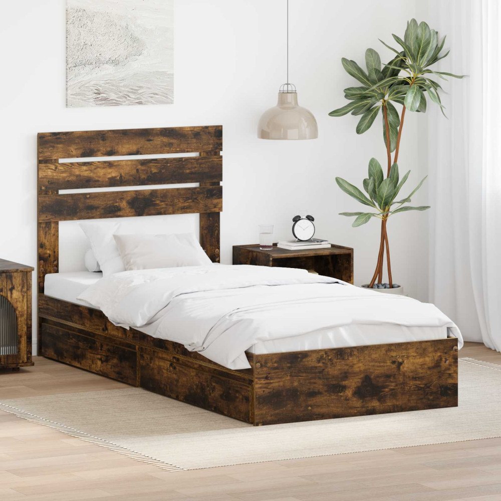 vidaXL Förvaringssäng med låda Rökt ek 90 x 200 cm Konstruerat trä