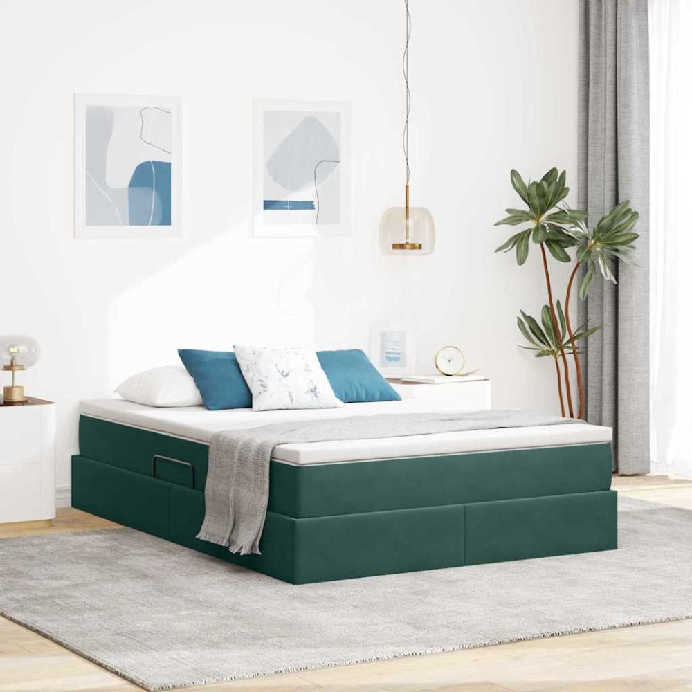 vidaXL Förvaringssäng med madrass Mörkgrön 140 x 200 cm Sammet