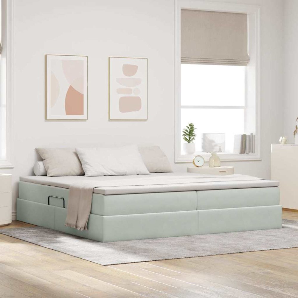 vidaXL Förvaringssäng med madrass Ljusgrå 200 x 200 cm Sammet