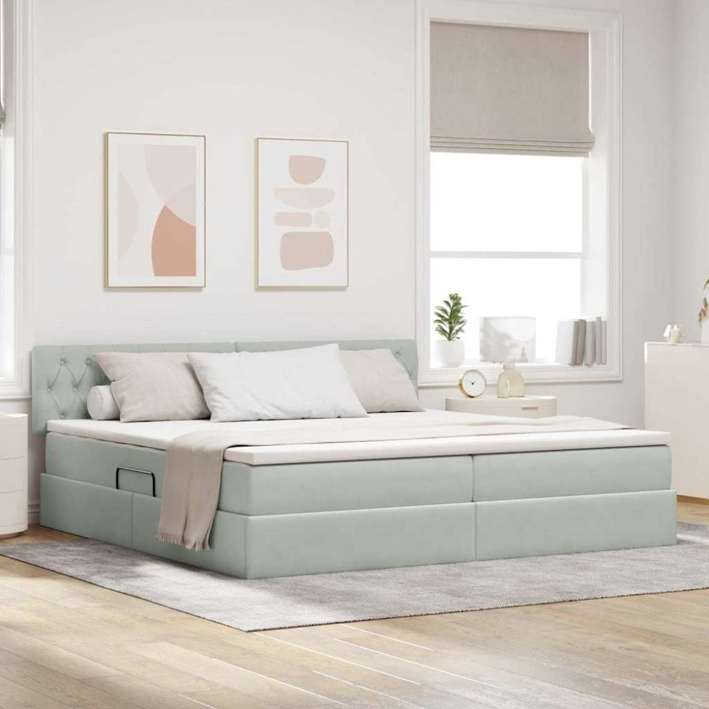vidaXL Förvaringssäng med madrass Ljusgrå 200 x 200 cm Sammet