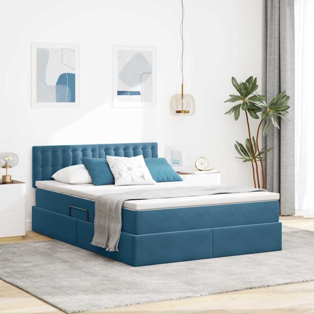 vidaXL Förvaringssäng med madrass Mörkblå 140 x 200 cm Sammet