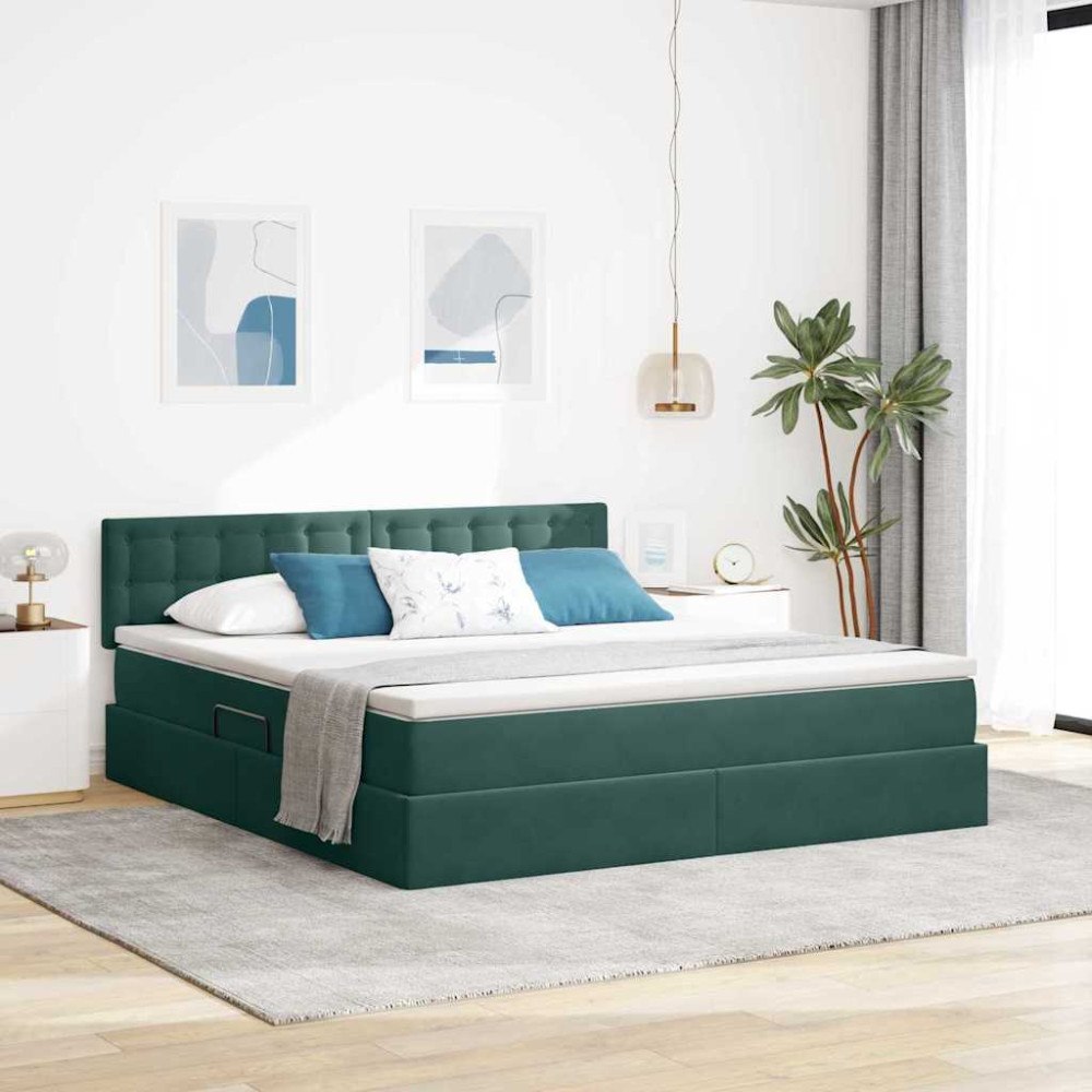 vidaXL Förvaringssäng med madrass Mörkgrön 160 x 200 cm Sammet