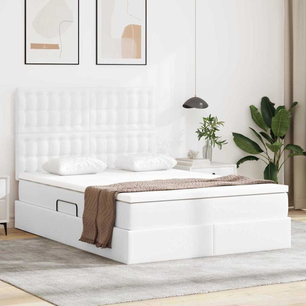 vidaXL Förvaringssäng med huvudgavel Ren Vit 140 x 200 cm Konstläder