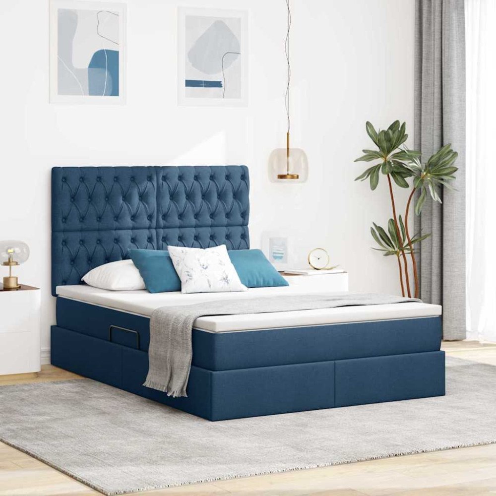 vidaXL Förvaringssäng med madrass med huvudgavel Blå 140 x 200 cm tyg
