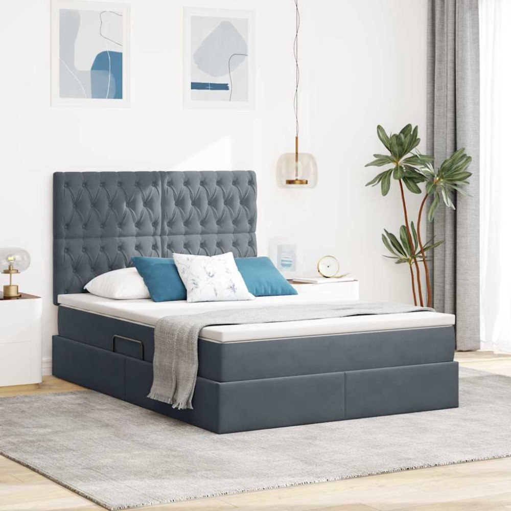 vidaXL Förvaringssäng med madrass Mörkgrå 140 x 200 cm Sammet