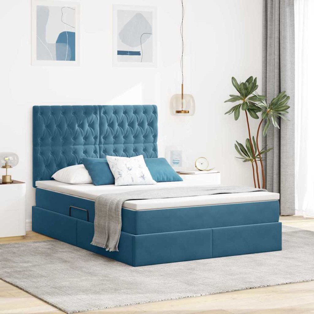 vidaXL Förvaringssäng med madrass Mörkblå 140 x 200 cm Sammet
