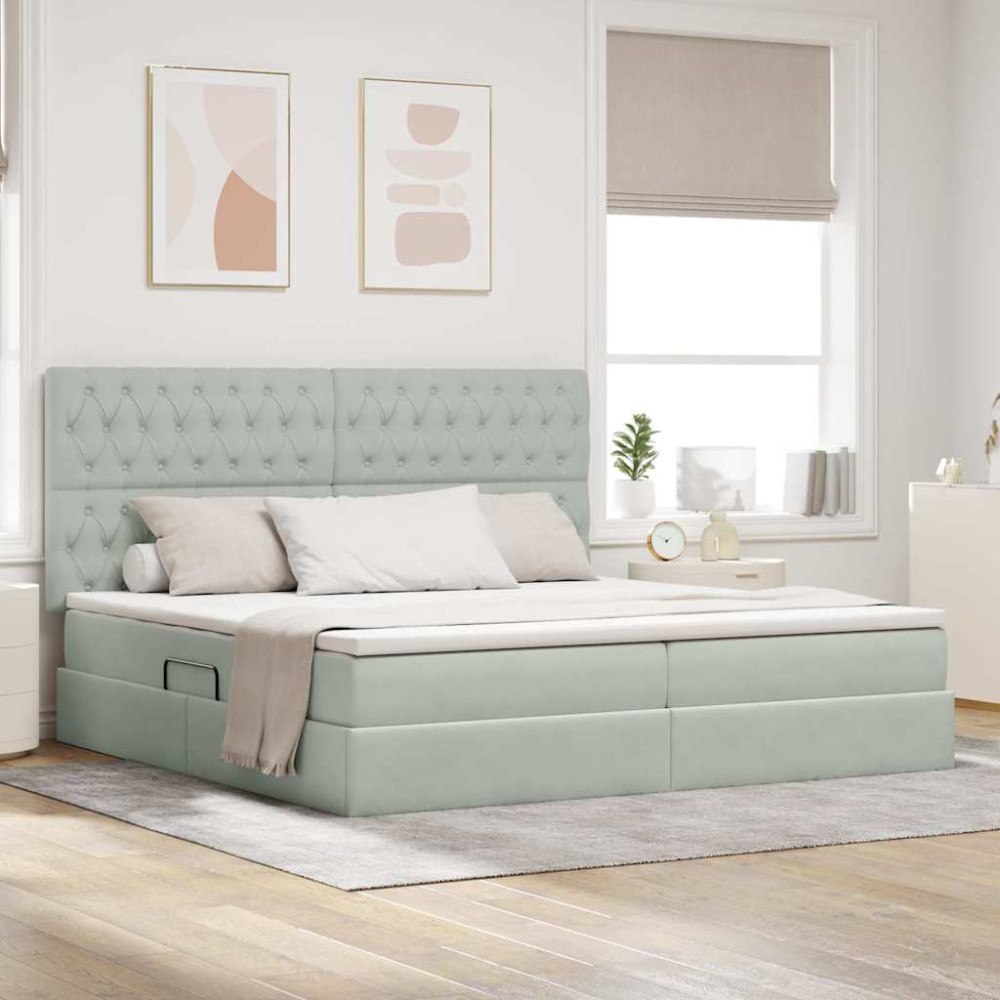 vidaXL Förvaringssäng med madrass Ljusgrå 200 x 200 cm Sammet