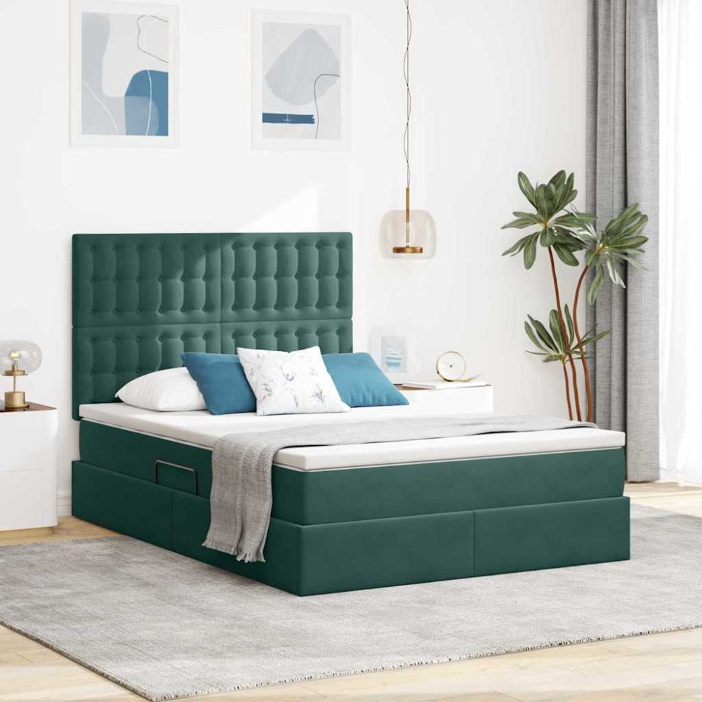 vidaXL Förvaringssäng med madrass Mörkgrön 140 x 190 cm Sammet