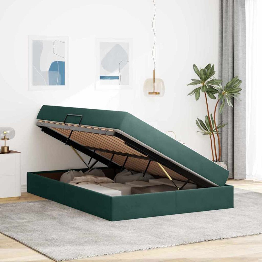 vidaXL Förvaringssäng med madrass Mörkgrön 140 x 190 cm Sammet