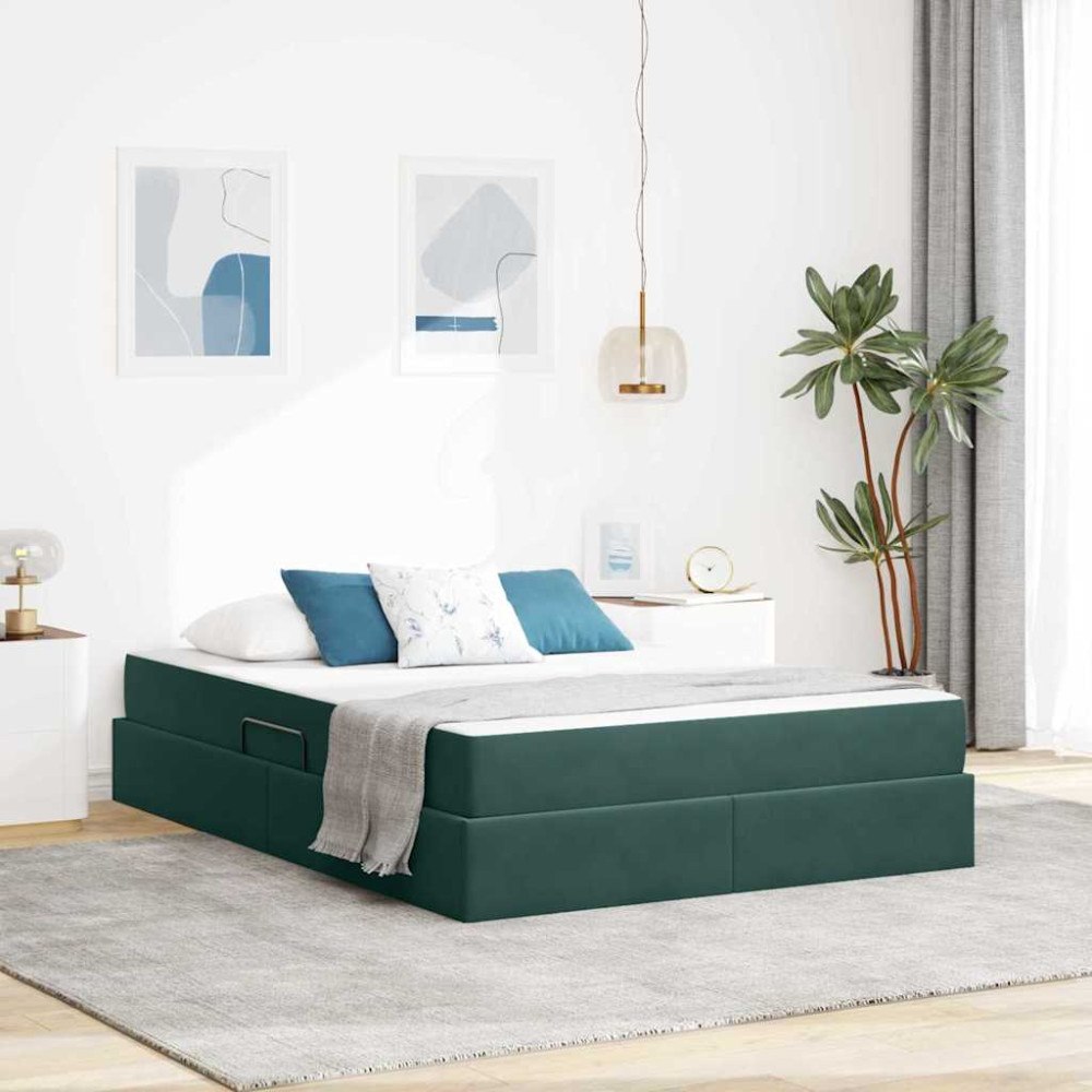 vidaXL Förvaringssäng med madrass Mörkgrön 140 x 200 cm Sammet
