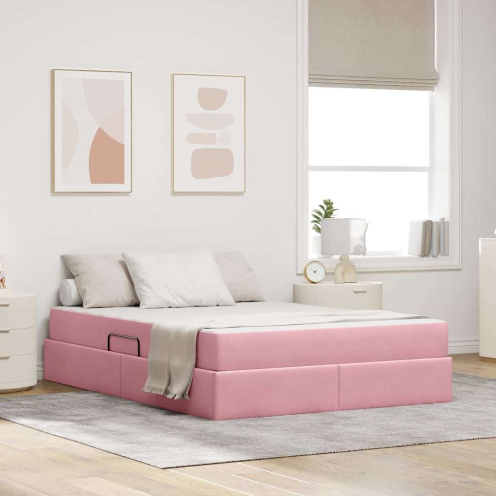 vidaXL Förvaringssäng med madrass med madrass Rosa 140 x 200 cm Sammet