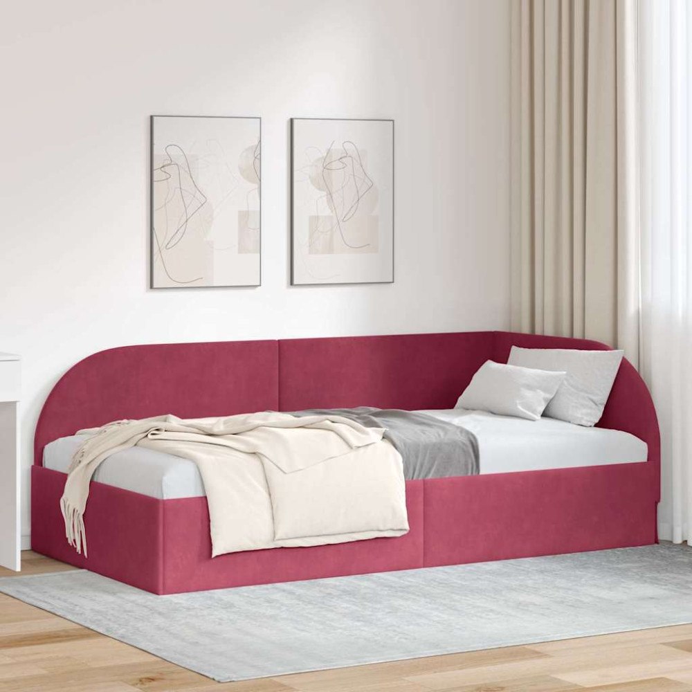 vidaXL Hörn Sängram med huvudgavel Vinröd 90 cm x 190 cm Sammet