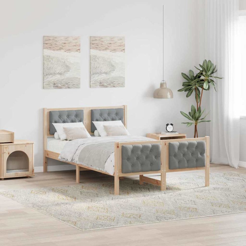 vidaXL Sängram med huvudgavel Ljusgrå 135 x 190 cm Massiv furu