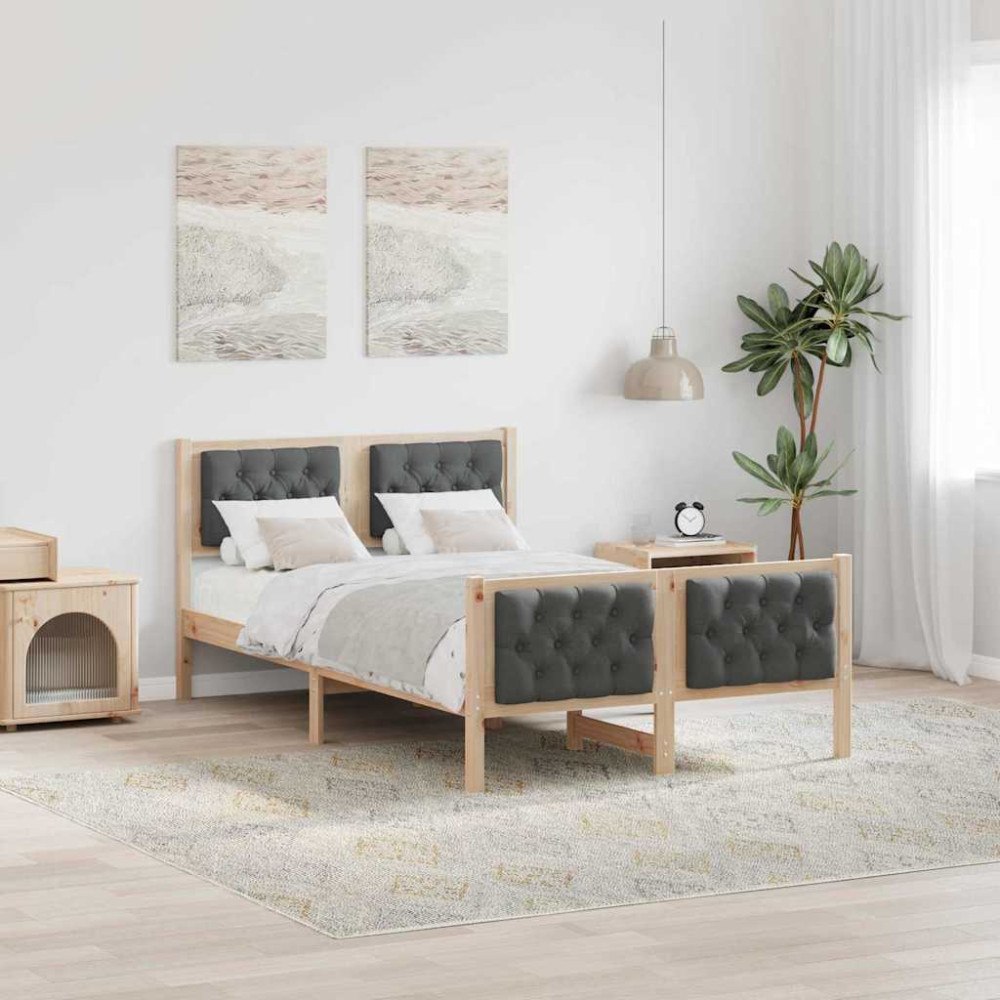 vidaXL Sängram med huvudgavel Mörkgrå 135 x 190 cm Massiv furu