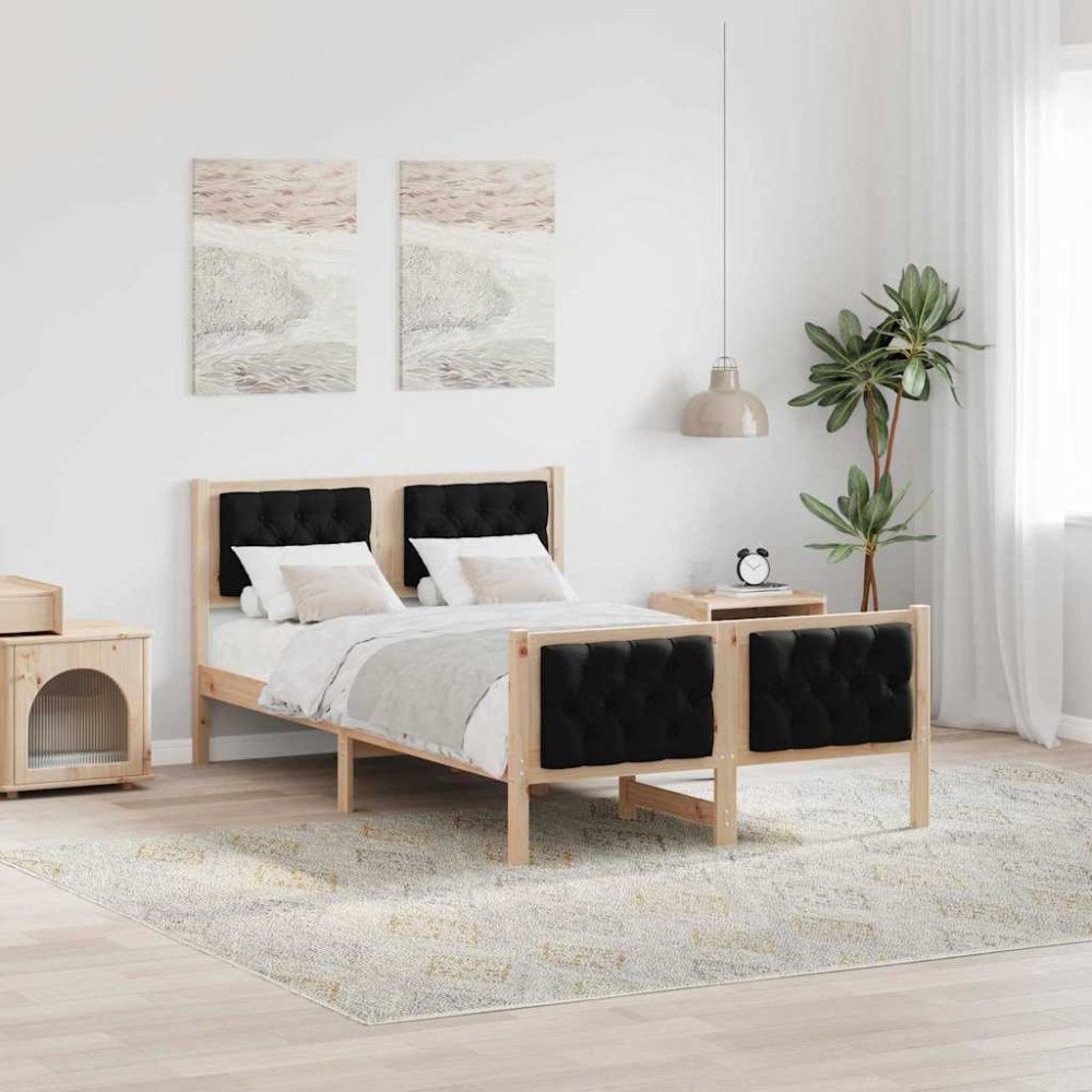vidaXL Sängram med huvudgavel Svart 135 x 190 cm Massiv furu
