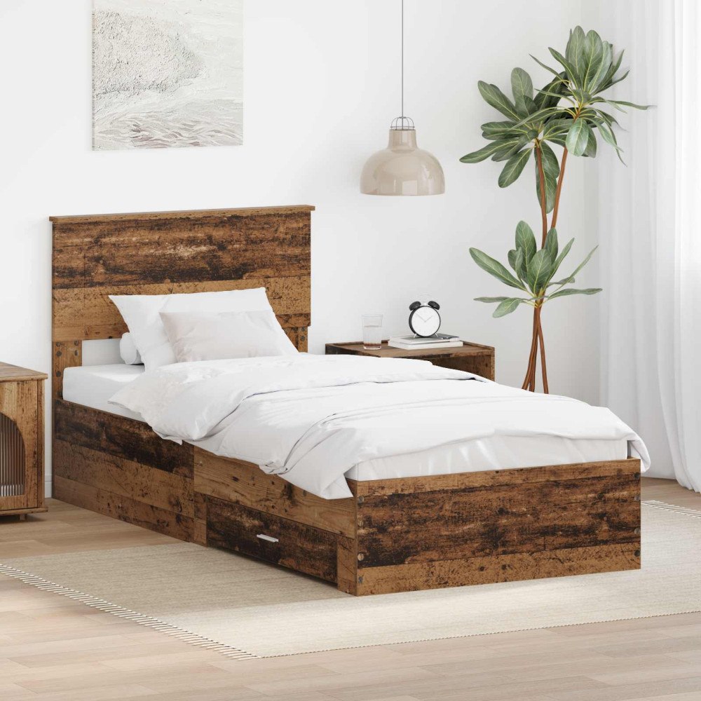 vidaXL Sängram med låda Gammalt trä 90 x 190 cm Konstruerat trä