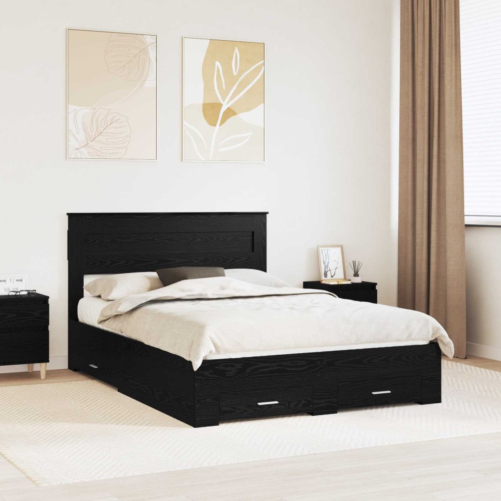 vidaXL Sängram med låda Svart Ek 140 x 190 cm Konstruerat trä