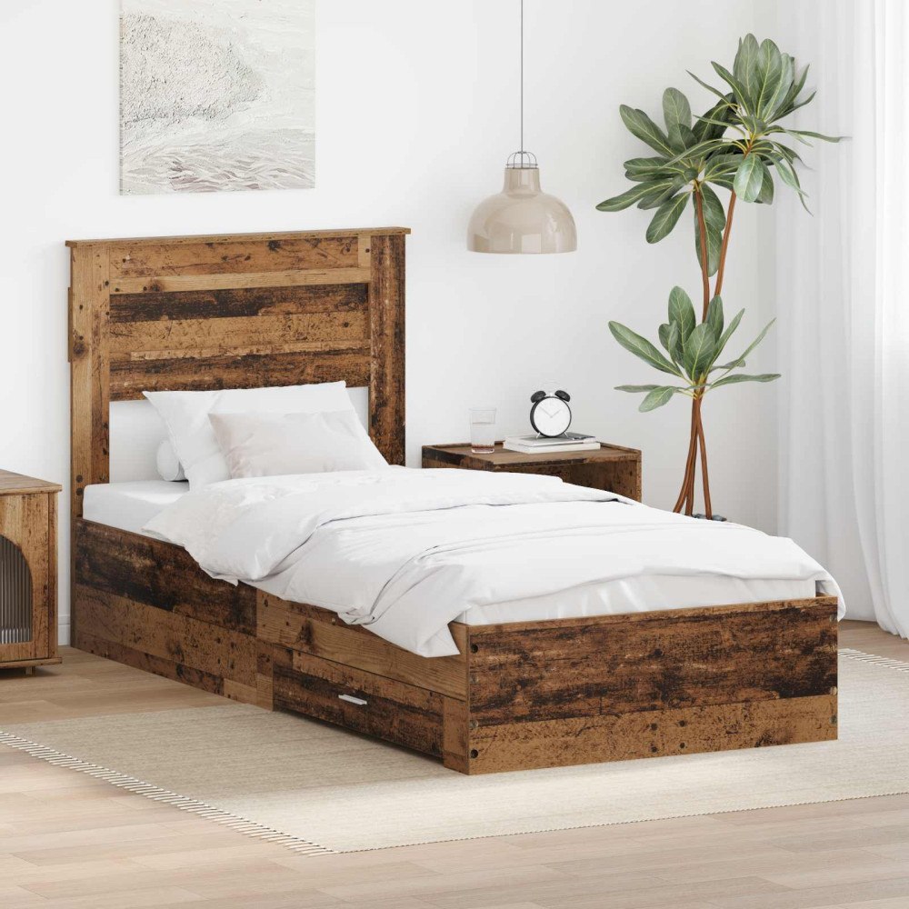 vidaXL Sängram med låda Gammalt trä 90 x 190 cm Konstruerat trä