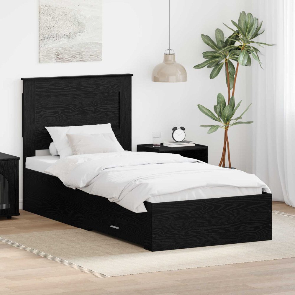 vidaXL Sängram med låda Svart Ek 100 x 200 cm Konstruerat trä