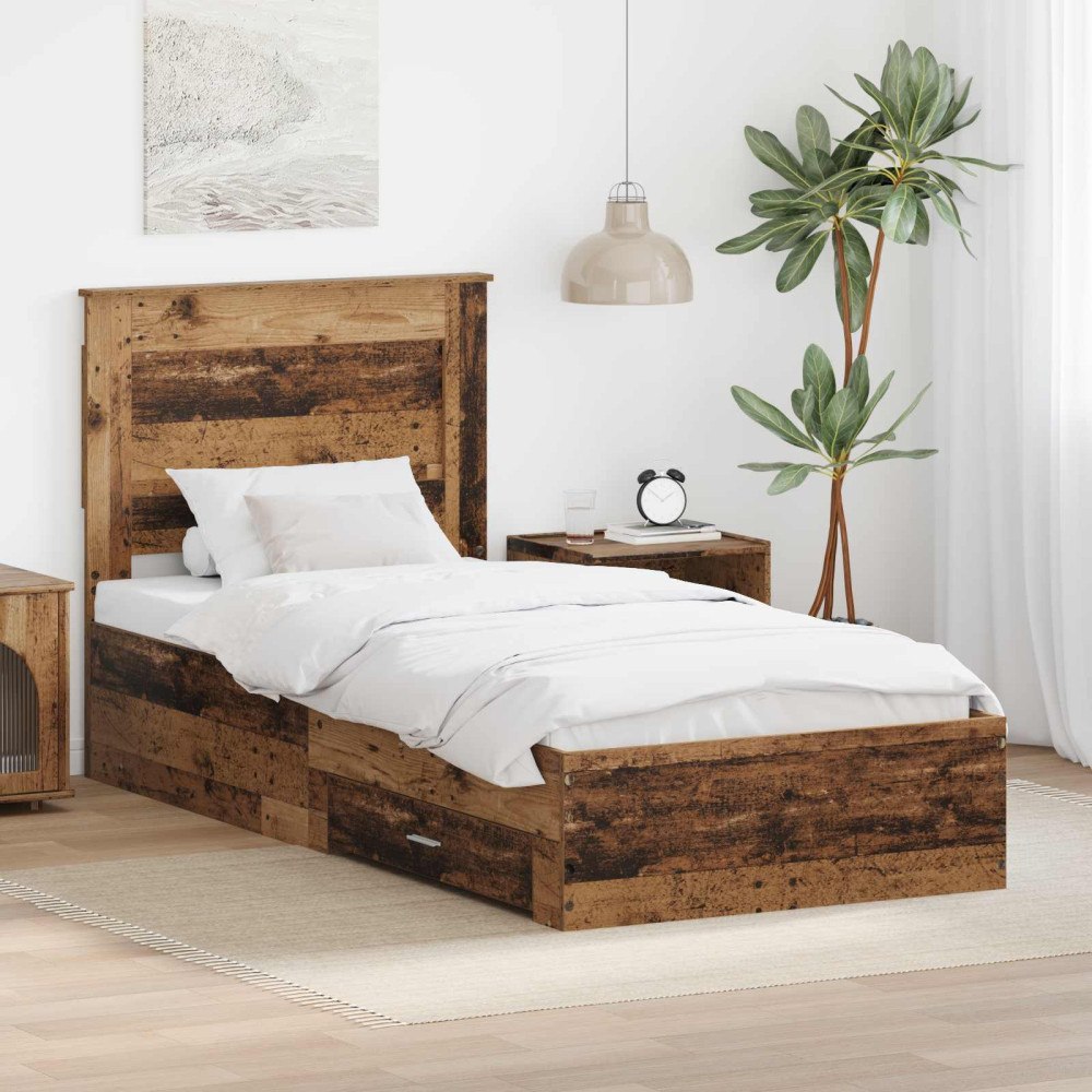 vidaXL Sängram med låda Gammalt trä 90 x 200 cm Konstruerat trä