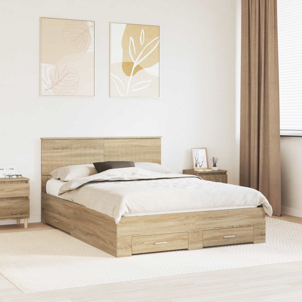 vidaXL Sängram med låda Sonoma-ek 135 x 190 cm Konstruerat trä