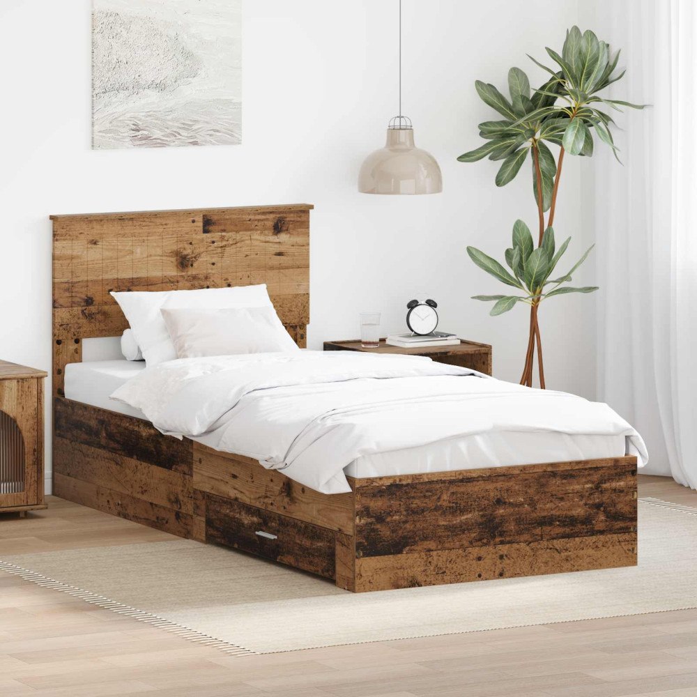vidaXL Sängram med låda Gammalt trä 90 x 190 cm Konstruerat trä