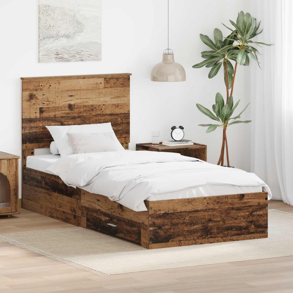 vidaXL Sängram med låda Gammalt trä 90 x 200 cm Konstruerat trä