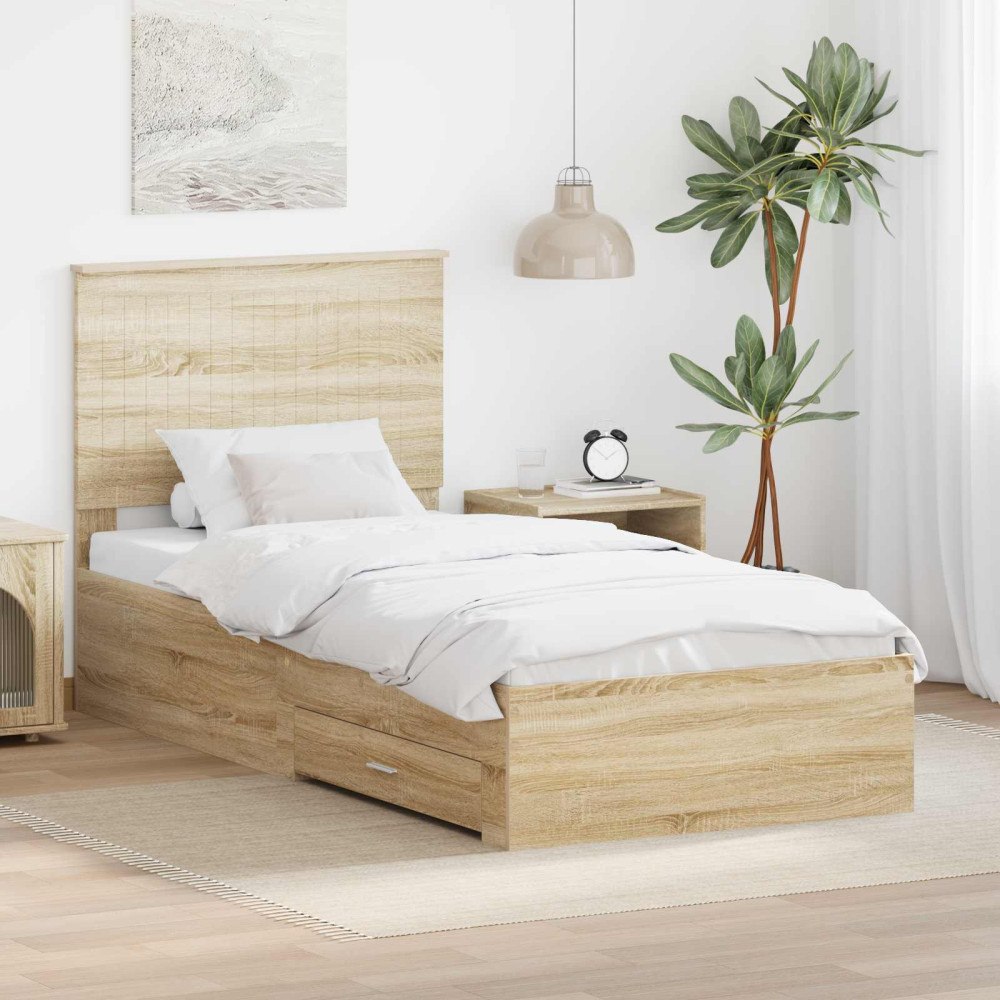 vidaXL Sängram med låda Sonoma-ek 90 x 190 cm Konstruerat trä