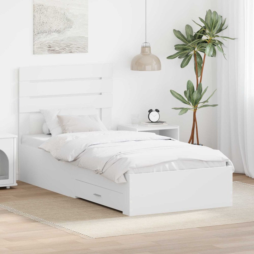 vidaXL Sängram med låda med huvudgavel Vit 90 x 190 cm Konstruerat trä