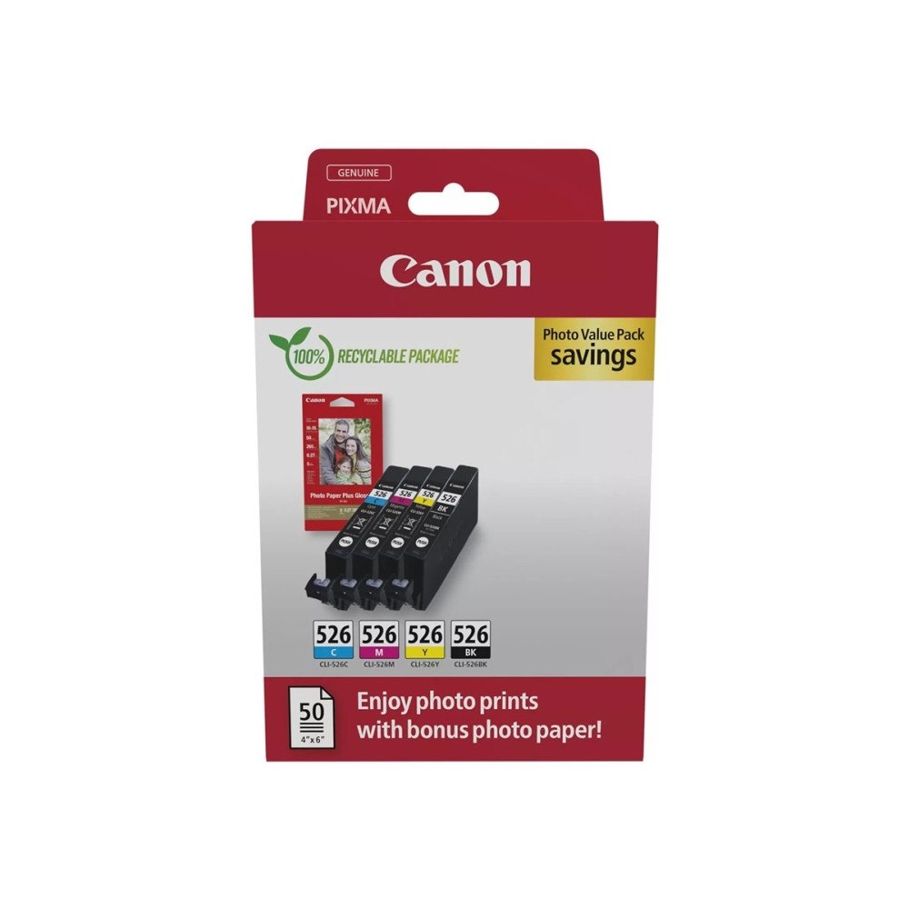 CANON Canon CLI-526 C/M/Y/BK Photo Value Pack - 4-pack - gul, cyan, magenta, svart - original - bläckbehållare / papperspaket