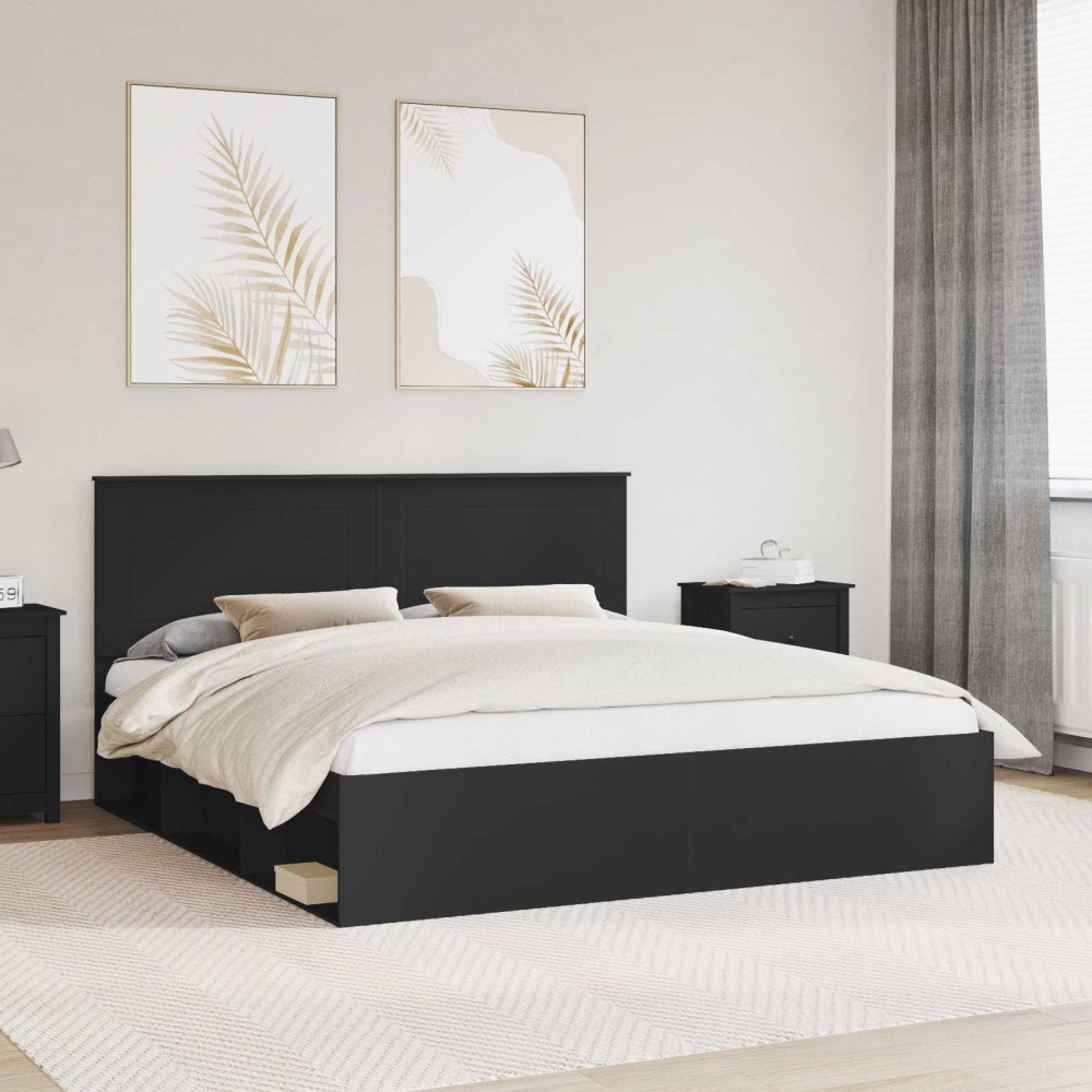 vidaXL Sängram med huvudgavel Svart 200 x 200 cm Massiv furu