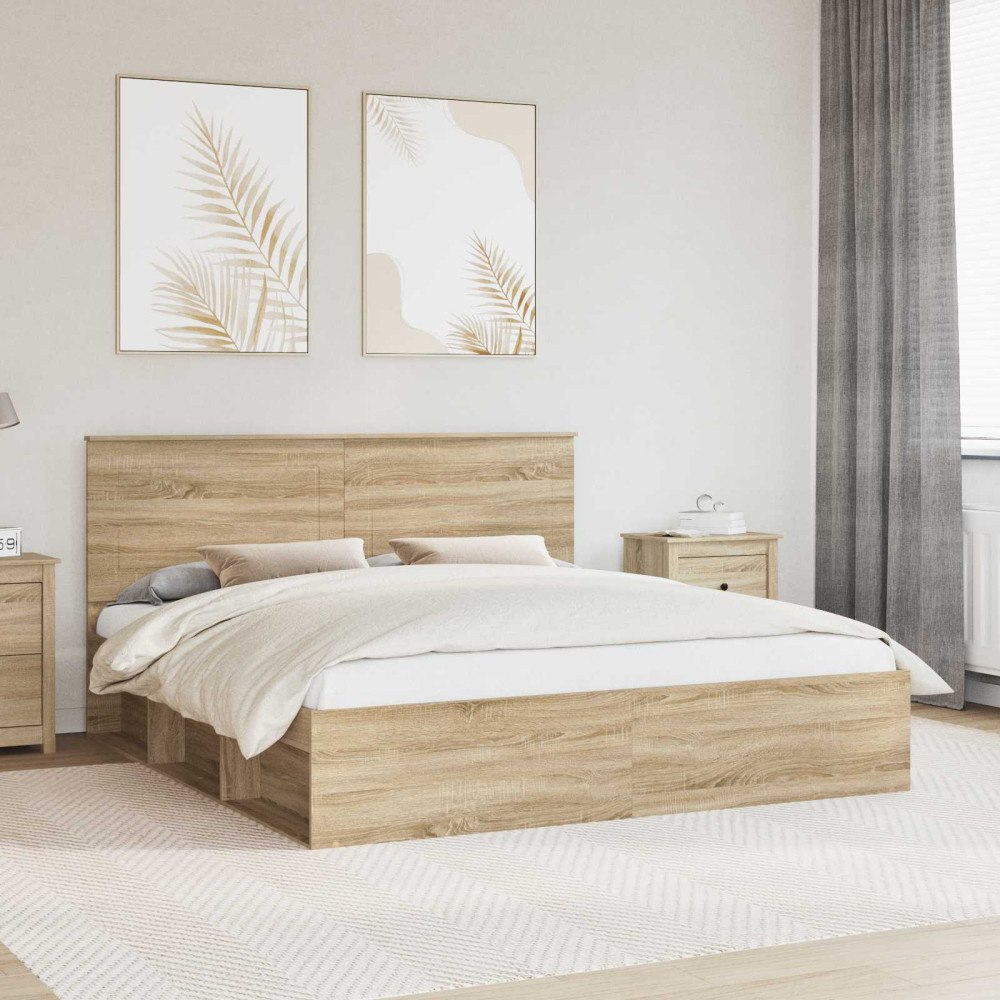 vidaXL Sängram med huvudgavel Sonoma 200 x 200 cm Massiv furu