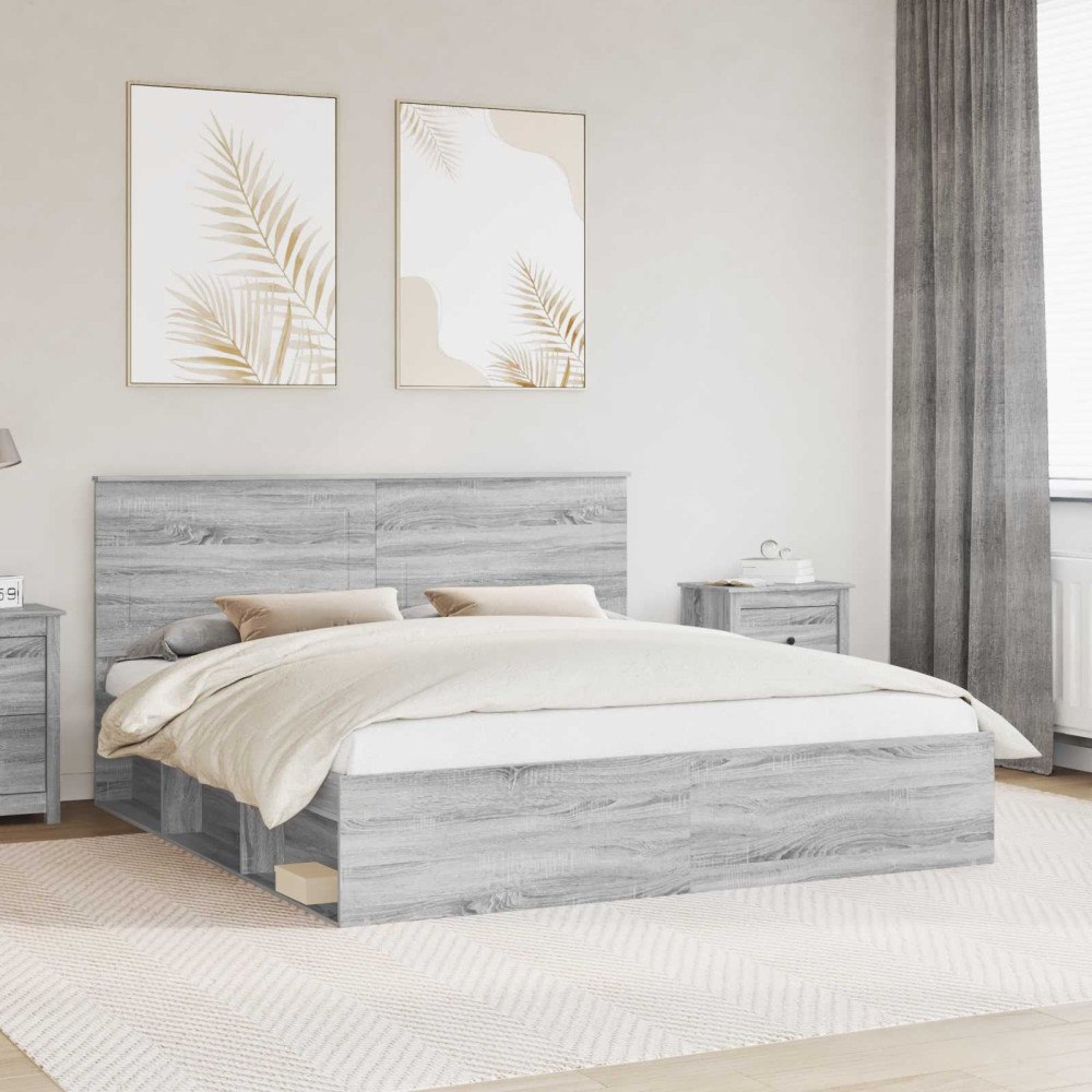 vidaXL Sängram med huvudgavel Grå Sonoma 200 x 200 cm Massiv furu
