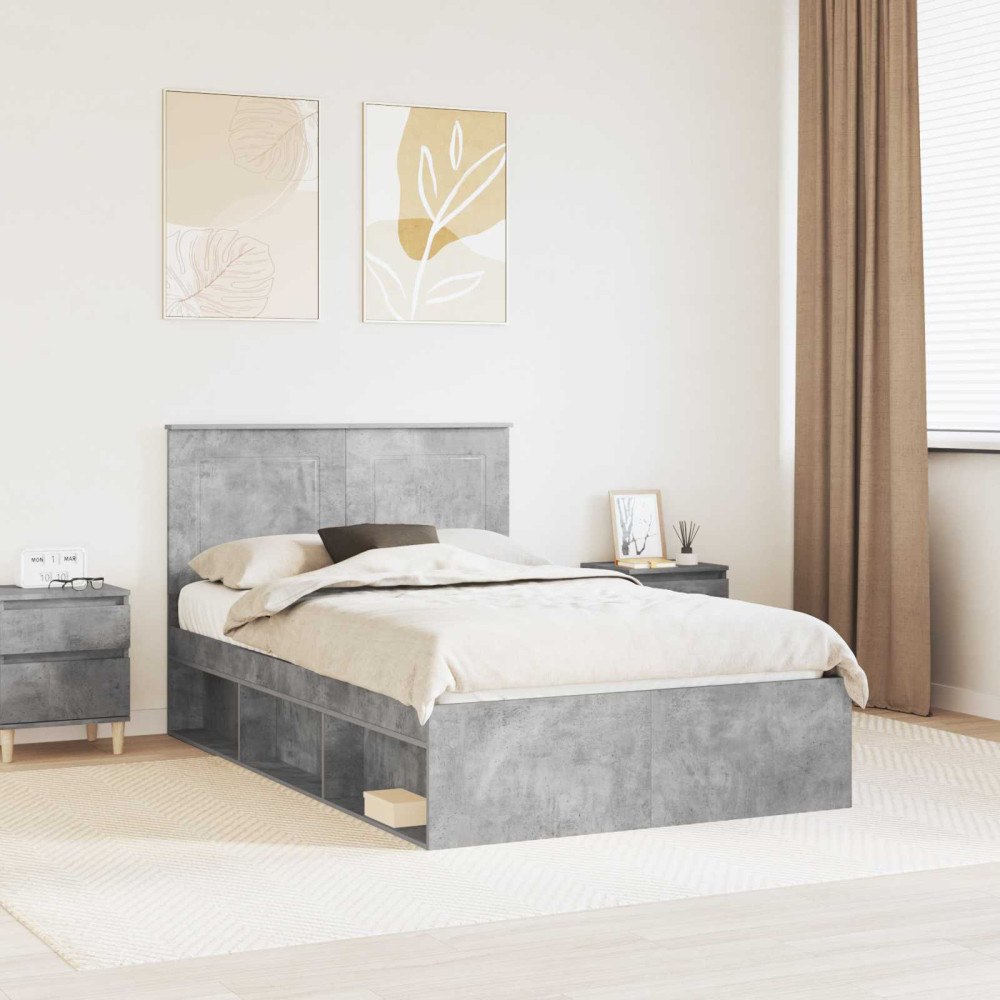 vidaXL Sängram med huvudgavel Betonggrå 135 x 190 cm Massiv furu