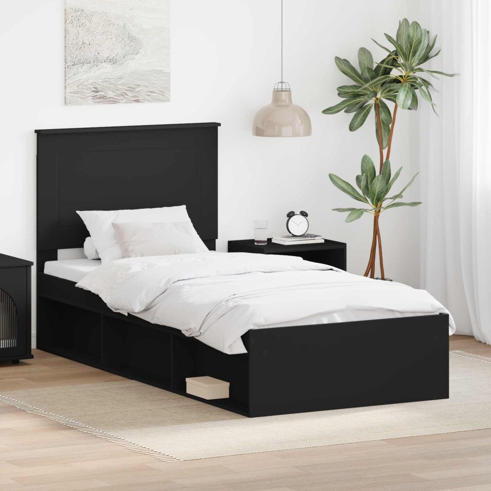 vidaXL Sängram med huvudgavel Svart 100 x 200 cm Massiv furu