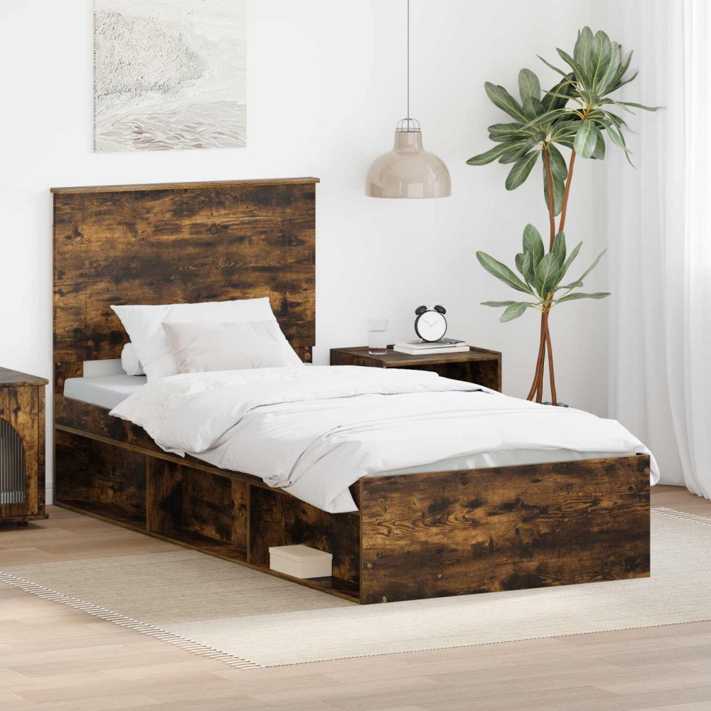 vidaXL Sängram med huvudgavel Rökt ek 90 x 190 cm Massiv furu
