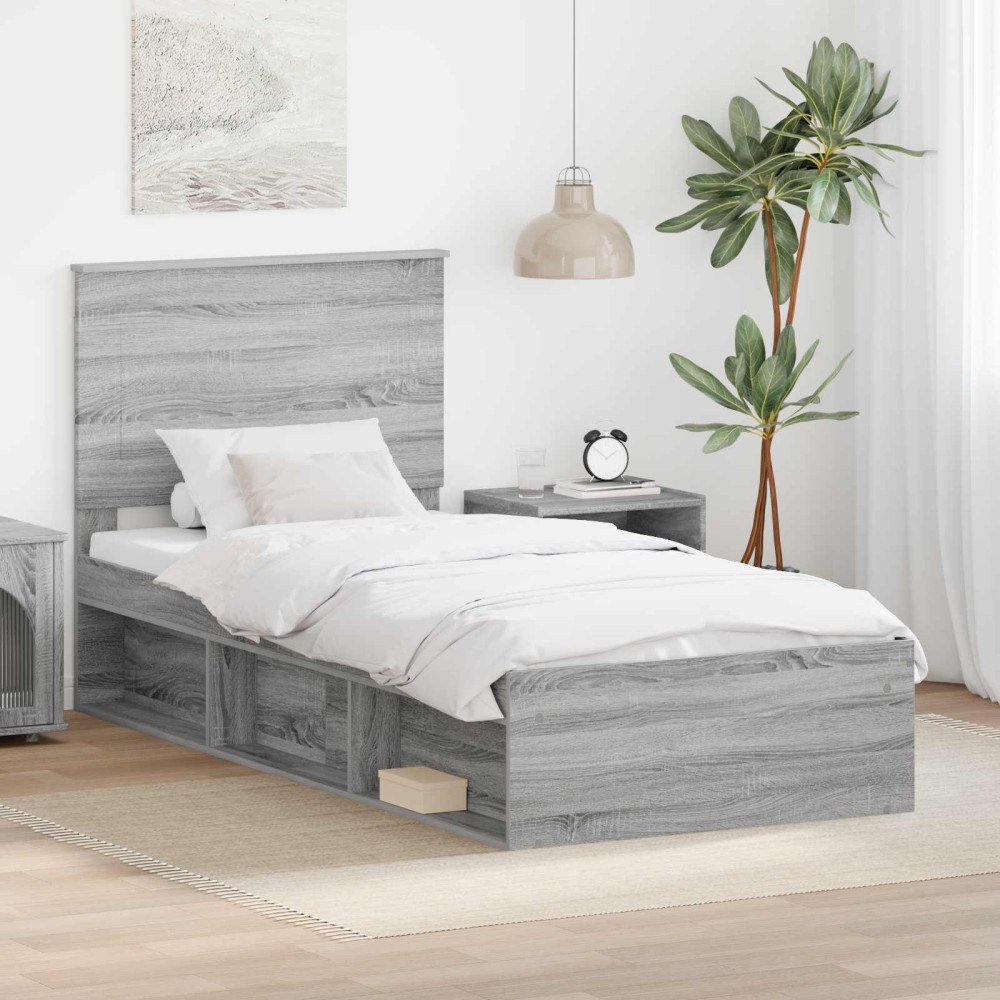 vidaXL Sängram med huvudgavel Grå Sonoma 90 x 200 cm Massiv furu